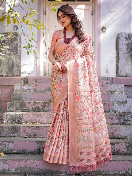 Printed Peach Linen Saree for Women with Multicolor Pallu and Ethnic Border – Lightweight Casual Wear