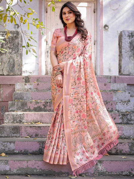 Printed Peach Linen Saree for Women with Multicolor Pallu and Ethnic Border – Lightweight Casual Wear