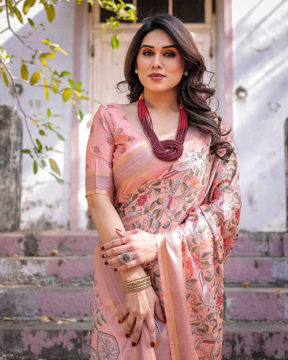 Printed Peach Linen Saree for Women with Multicolor Pallu and Ethnic Border – Lightweight Casual Wear