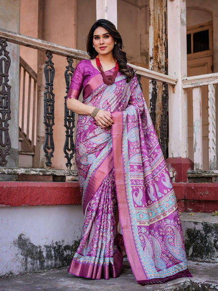Printed Multicolor Linen Saree for Women with Multicolor Pallu and Ethnic Border – Lightweight Casual Wear
