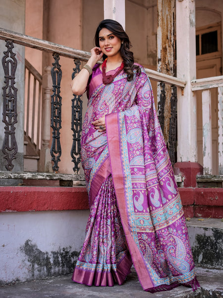 Printed Multicolor Linen Saree for Women with Multicolor Pallu and Ethnic Border – Lightweight Casual Wear