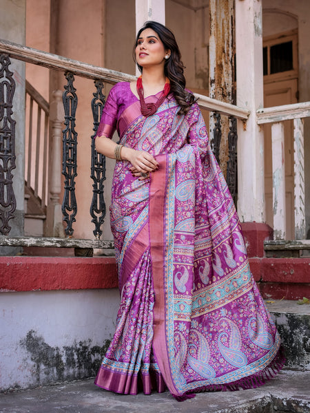 Printed Multicolor Linen Saree for Women with Multicolor Pallu and Ethnic Border – Lightweight Casual Wear