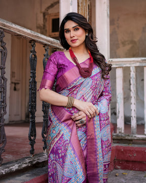 Printed Multicolor Linen Saree for Women with Multicolor Pallu and Ethnic Border – Lightweight Casual Wear