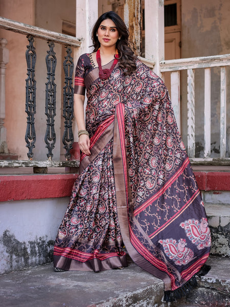 Printed Wine Linen Saree for Women with Multicolor Pallu and Ethnic Border – Lightweight Casual Wear