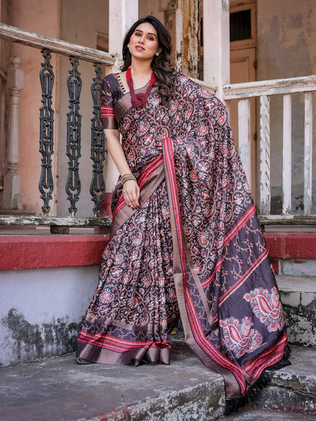 Printed Wine Linen Saree for Women with Multicolor Pallu and Ethnic Border – Lightweight Casual Wear