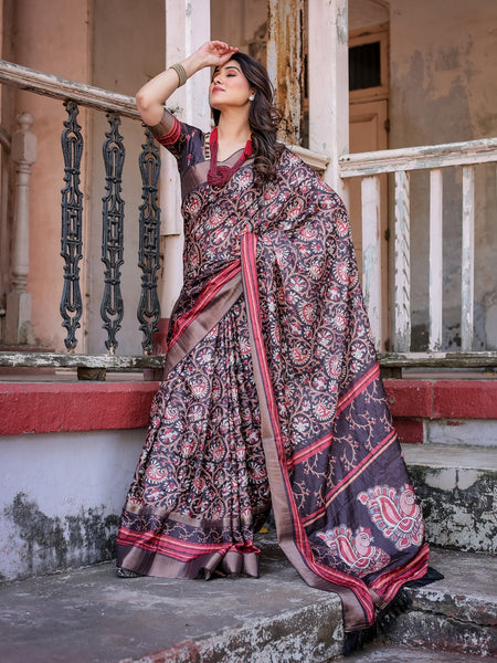 Printed Wine Linen Saree for Women with Multicolor Pallu and Ethnic Border – Lightweight Casual Wear