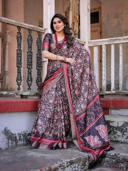 Printed Wine Linen Saree for Women with Multicolor Pallu and Ethnic Border – Lightweight Casual Wear