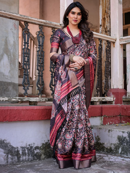 Printed Wine Linen Saree for Women with Multicolor Pallu and Ethnic Border – Lightweight Casual Wear