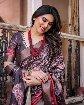 Printed Wine Linen Saree for Women with Multicolor Pallu and Ethnic Border – Lightweight Casual Wear