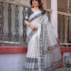 Elegant White Linen Saree with White Lotus Print & Silver Zari Border