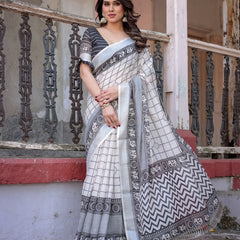 Elegant White Linen Saree with White Lotus Print & Silver Zari Border