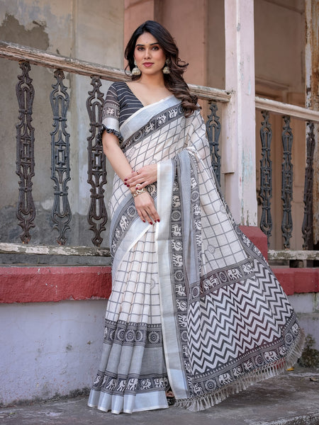 Elegant White Linen Saree with White Lotus Print & Silver Zari Border