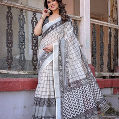 Elegant White Linen Saree with White Lotus Print & Silver Zari Border