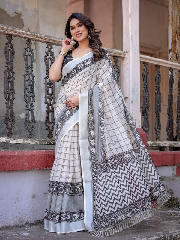 Elegant White Linen Saree with White Lotus Print & Silver Zari Border