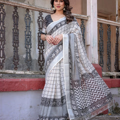 Elegant White Linen Saree with White Lotus Print & Silver Zari Border