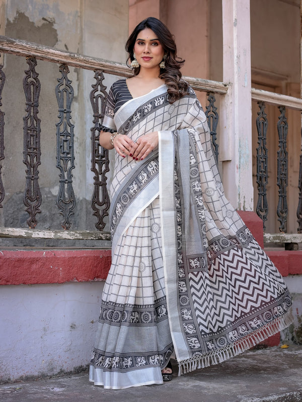 Elegant White Linen Saree with White Lotus Print & Silver Zari Border