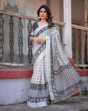 Elegant White Linen Saree with White Lotus Print & Silver Zari Border