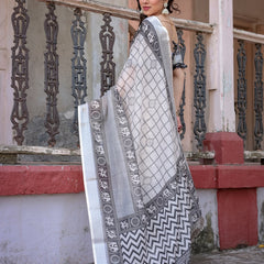 Elegant White Linen Saree with White Lotus Print & Silver Zari Border