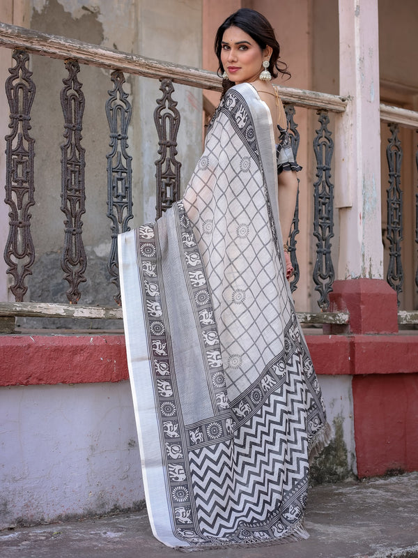Elegant White Linen Saree with White Lotus Print & Silver Zari Border