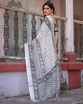 Elegant White Linen Saree with White Lotus Print & Silver Zari Border