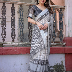 Elegant White Linen Saree with White Lotus Print & Silver Zari Border