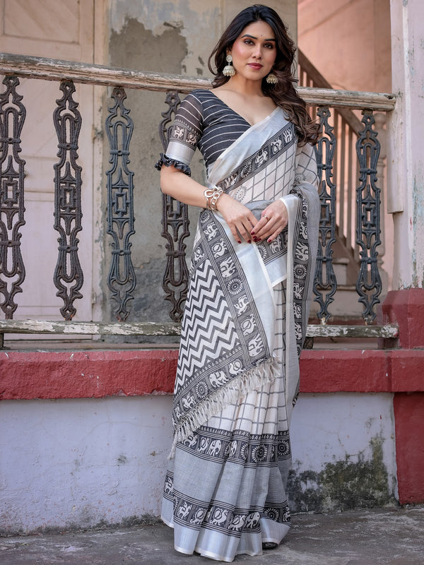 Elegant White Linen Saree with White Lotus Print & Silver Zari Border