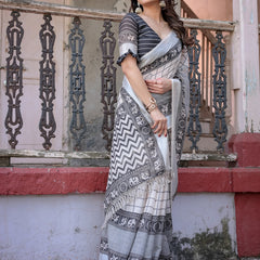 Elegant White Linen Saree with White Lotus Print & Silver Zari Border