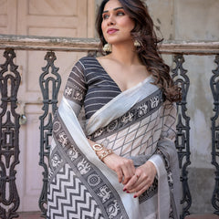 Elegant White Linen Saree with White Lotus Print & Silver Zari Border