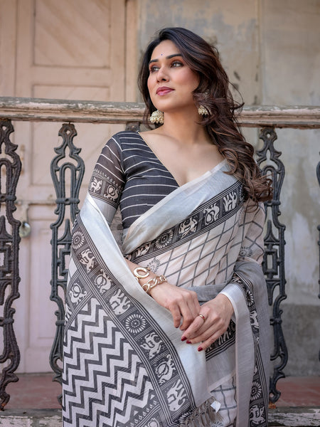 Elegant White Linen Saree with White Lotus Print & Silver Zari Border