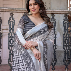 Elegant White Linen Saree with White Lotus Print & Silver Zari Border