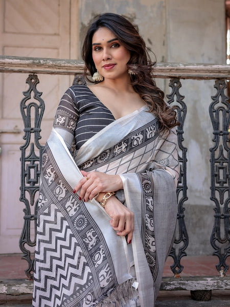 Elegant White Linen Saree with White Lotus Print & Silver Zari Border