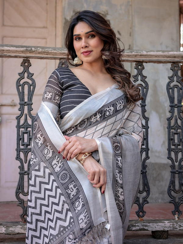 Elegant White Linen Saree with White Lotus Print & Silver Zari Border