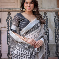 Elegant White Linen Saree with White Lotus Print & Silver Zari Border