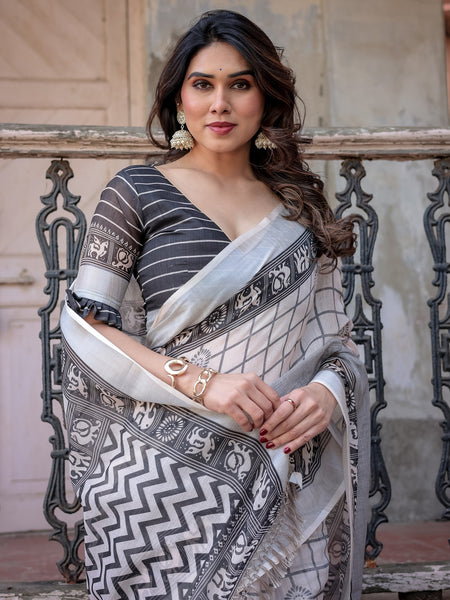 Elegant White Linen Saree with White Lotus Print & Silver Zari Border