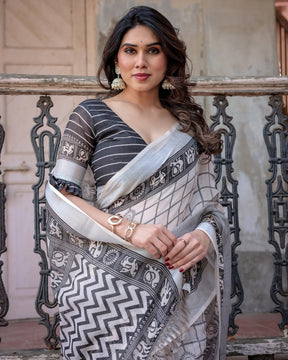 Elegant White Linen Saree with White Lotus Print & Silver Zari Border