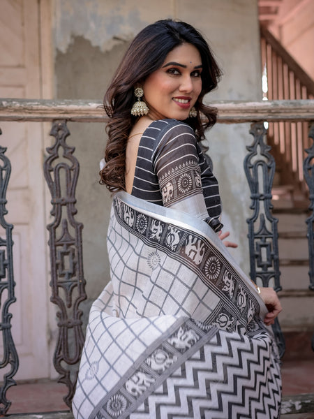 Elegant White Linen Saree with White Lotus Print & Silver Zari Border