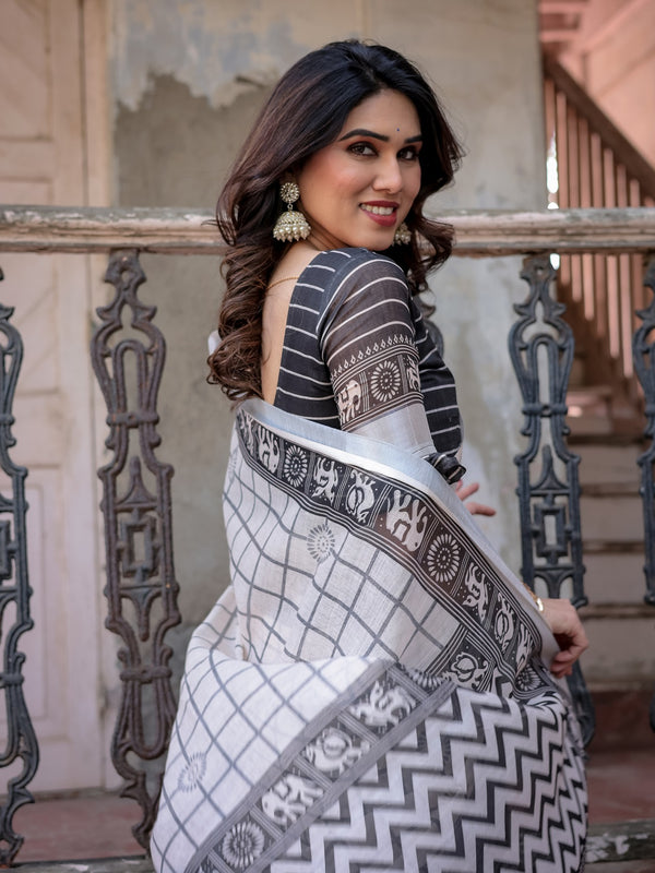 Elegant White Linen Saree with White Lotus Print & Silver Zari Border