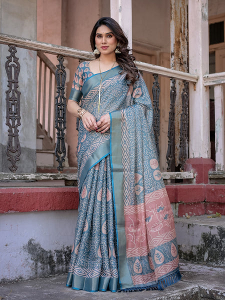 Printed Teal Linen Saree for Women with Multicolor Pallu and Ethnic Border – Lightweight Casual Wear