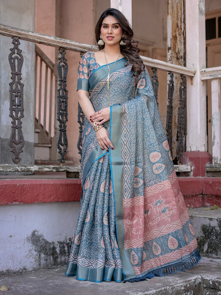 Printed Teal Linen Saree for Women with Multicolor Pallu and Ethnic Border – Lightweight Casual Wear