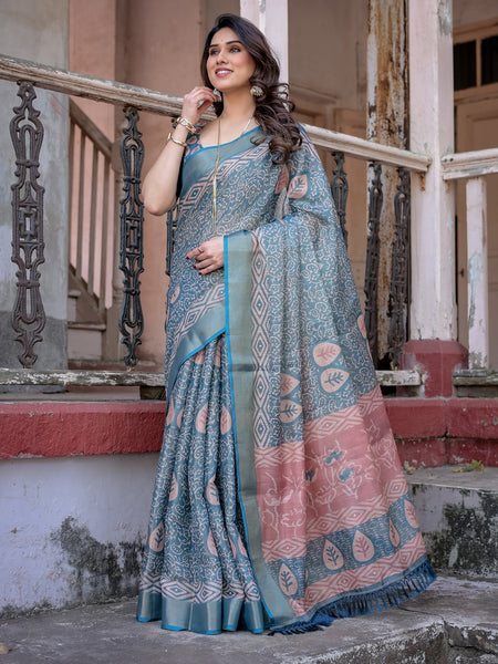 Printed Teal Linen Saree for Women with Multicolor Pallu and Ethnic Border – Lightweight Casual Wear