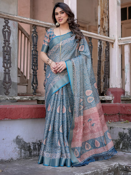 Printed Teal Linen Saree for Women with Multicolor Pallu and Ethnic Border – Lightweight Casual Wear