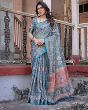 Printed Teal Linen Saree for Women with Multicolor Pallu and Ethnic Border – Lightweight Casual Wear