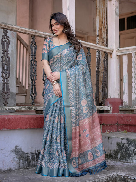 Printed Teal Linen Saree for Women with Multicolor Pallu and Ethnic Border – Lightweight Casual Wear