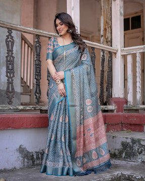 Printed Teal Linen Saree for Women with Multicolor Pallu and Ethnic Border – Lightweight Casual Wear