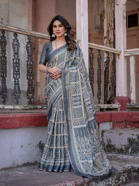 Printed Grey  Linen Saree for Women with Multicolor Pallu and Ethnic Border – Lightweight Casual Wear