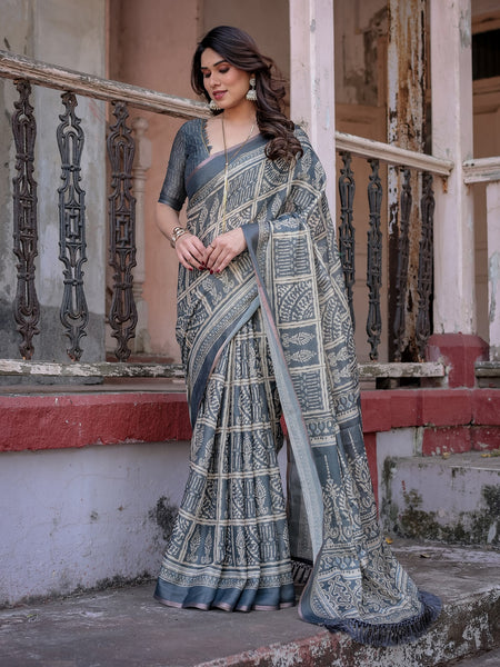 Printed Grey  Linen Saree for Women with Multicolor Pallu and Ethnic Border – Lightweight Casual Wear