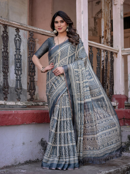 Printed Grey  Linen Saree for Women with Multicolor Pallu and Ethnic Border – Lightweight Casual Wear