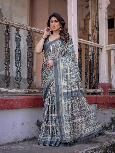 Printed Grey  Linen Saree for Women with Multicolor Pallu and Ethnic Border – Lightweight Casual Wear