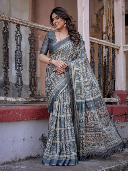 Printed Grey  Linen Saree for Women with Multicolor Pallu and Ethnic Border – Lightweight Casual Wear