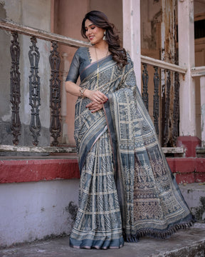 Printed Grey  Linen Saree for Women with Multicolor Pallu and Ethnic Border – Lightweight Casual Wear